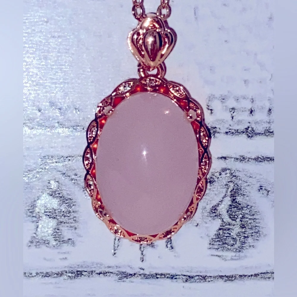 Unmarked Rose Gold Necklace/Ring Set in Glamour Pink Gold Fill-Artificial Quartz - Picture 6 of 16